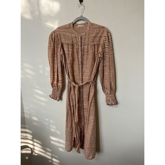 ULLA JOHNSON | Fiora Striped Cotton-Voile Midi Waist Tie Dress in Fawn | Size 2 - Picture 7 of 15